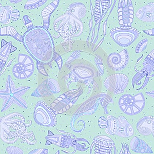 Seamless pattern with marine inhabitants