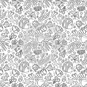 Seamless pattern with marine life: jellyfish, fishes, corals, seaweed, bubbles and stars. Hand draw art