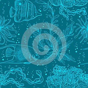 Seamless pattern with marine plants, coral, seaweed and tropical fish.