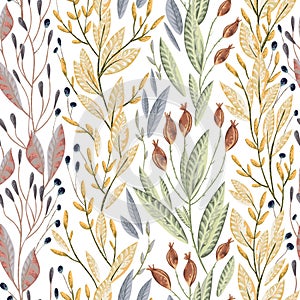 Seamless pattern with marine plants, leaves and seaweed