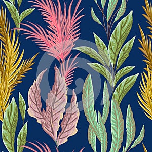 Seamless pattern with marine plants, leaves and seaweed