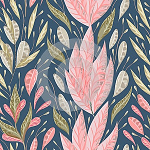 Seamless pattern with marine plants, leaves and seaweed.
