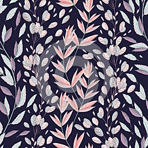 Seamless pattern with marine plants, leaves and seaweed.