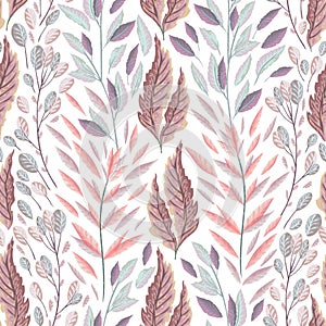 Seamless pattern with marine plants, leaves and seaweed. Hand drawn marine flora in watercolor style.