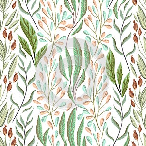 Seamless pattern with marine plants, leaves and seaweed. Hand drawn marine flora in watercolor style.