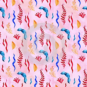 Seamless pattern with marine plants, leaves and seaweed. Hand drawn marine flora in watercolor style.