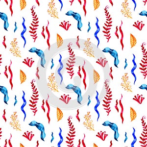 Seamless pattern with marine plants, leaves and seaweed. Hand drawn marine flora in watercolor style.