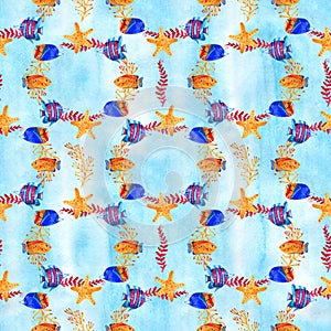 Seamless pattern with marine plants, leaves and seaweed. Hand drawn marine flora in watercolor style.