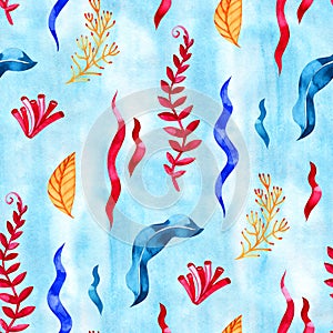 Seamless pattern with marine plants, leaves and seaweed. Hand drawn marine flora in watercolor style.