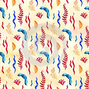 Seamless pattern with marine plants, leaves and seaweed. Hand drawn marine flora in watercolor style.