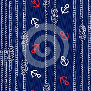 Seamless pattern with marine rope, knots and anchors on blue background. photo