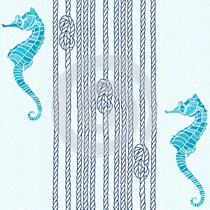 Seamless pattern with marine rope, knots and seahorses.