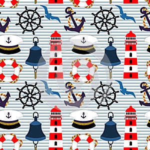 Seamless pattern on the marine theme. Captain\'s cap, bell, anchor, rudder, lighthouse and lifebuoy. Print.