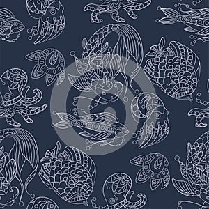 Seamless pattern in marine themes with wild sea animals and fish