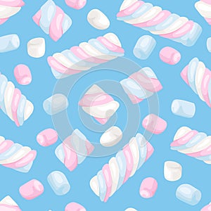 Seamless pattern with marshmallows on blue background. Vector color illustration