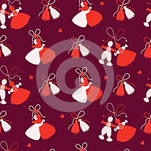 Seamless pattern Martisor. Martenitsa Red and white romantic couple talisman accessory on burgundy background