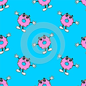 Seamless pattern with the mascot character donut. Flat vector illustration. For printing on T shirts and other purposes