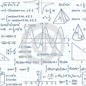 Seamless pattern math formulas. Exact school equations and functions, education, science, algebraic and geometric