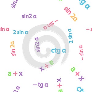 Seamless pattern with mathematical formulas and numbers. Algebra and geometry, calculations tangent, cotangent, sine photo