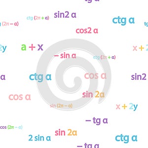 Seamless pattern with mathematical formulas and numbers. Algebra and geometry, calculations tangent, cotangent, sine photo