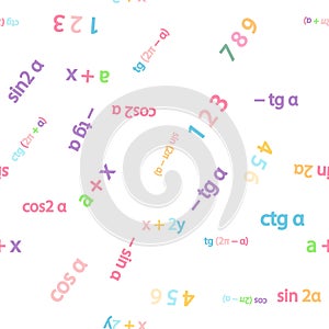 Seamless pattern with mathematical formulas and numbers. Algebra and geometry, calculations tangent, cotangent, sine photo