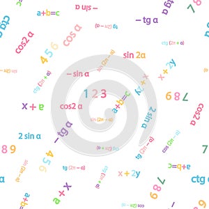 Seamless pattern with mathematical formulas and numbers. Algebra and geometry, calculations tangent, cotangent, sine photo