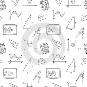 Seamless pattern with mathematical objects, graphs, triangle, Pythagorean theorem, calculator, compasses . Hand-drawn outline