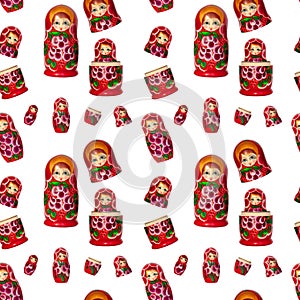 Seamless pattern of matreshka nesting doll on white background isolated, red matrioska ornament wallpaper, beautiful matryoshka