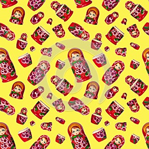 Seamless pattern of matreshka nesting doll on yellow background isolated, red matrioska ornament wallpaper, beautiful matryoshka