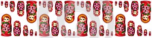 Seamless pattern of matreshka nesting dolls, white background isolated, red matrioska decorative border ornament, matryoshka frame