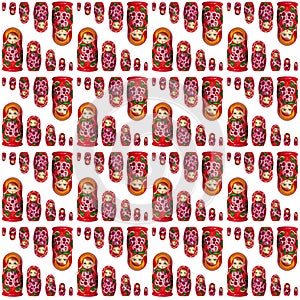 Seamless pattern of matreshka nesting dolls on white background isolated, red matrioska ornament wallpaper, matryoshka backdrop