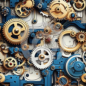 seamless pattern of the mechanism with brass gears on blue background in steampunk style