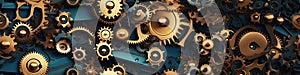 seamless pattern of the mechanism with brass gears on blue background in steampunk style
