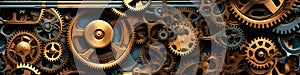 seamless pattern of the mechanism with copper gears on blue background in steampunk style