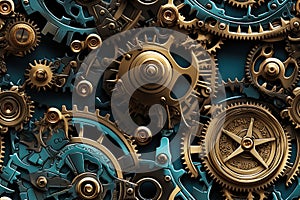 seamless pattern of the mechanism with copper gears on blue background in steampunk style