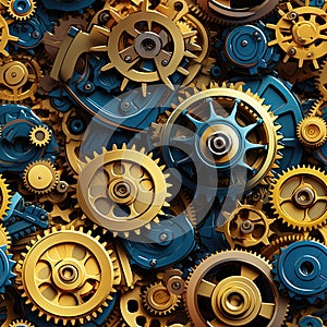 seamless pattern of the mechanism with gears on blue background in steampunk style