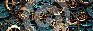 seamless pattern of mechanism with gears on a dark blue background in steampunk style