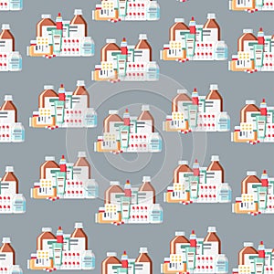 Seamless pattern with medical drugs on a gray background. Vector