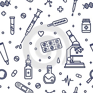 Seamless pattern with medical lab equipment. Backdrop with attributes of medicine, pharmaceutics, cure and treatment