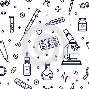 Seamless pattern with medical lab equipment. Backdrop with attributes of medicine, pharmaceutics, cure and treatment photo