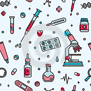 Seamless pattern with medical laboratory equipment. Backdrop with attributes of medicine, biomedicine, clinical trial