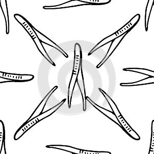 Seamless pattern of medical scalpels.Vector pattern of metal scalpels drawn in the style of doodles, isolated black contours are