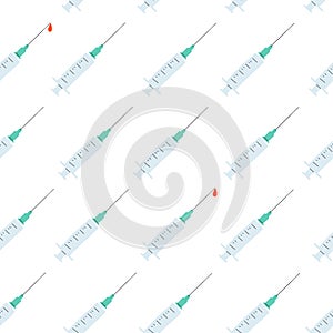 Seamless pattern of medical theme, syringe, drop of blood, structured grid