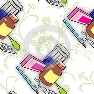 Seamless pattern with medications for colds and flu