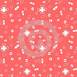 Seamless pattern with medicines, capsules, medicaments, drugs, pills and tablets. Medical pharmacy backgrounds and textures.