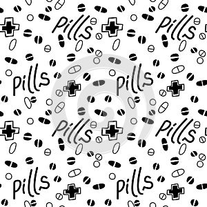 Seamless pattern with medicines, capsules, medicaments, drugs, pills and tablets. Medical pharmacy backgrounds and textures.