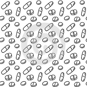 Seamless pattern with medicines, capsules, medicaments, drugs, pills and tablets. Medical pharmacy backgrounds and textures.