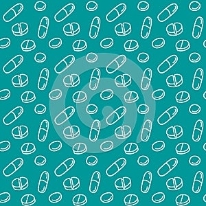 Seamless pattern with medicines, capsules, medicaments, drugs, pills and tablets. Medical pharmacy backgrounds and textures.