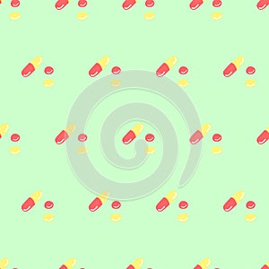 Seamless pattern with medicines, capsules, medicaments, drugs, pills and tablets. Medical pharmacy backgrounds and textures.