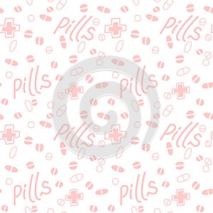 Seamless pattern with medicines, capsules, medicaments, drugs, pills and tablets. Medical pharmacy backgrounds and textures.